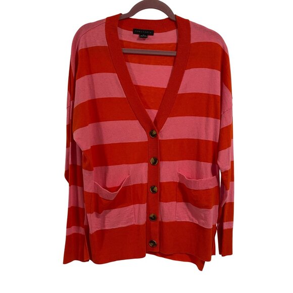 Sanctuary Cityscape V-Neck Cardigan Striped Sweater in Flamingo Red Size M - Picture 1 of 8